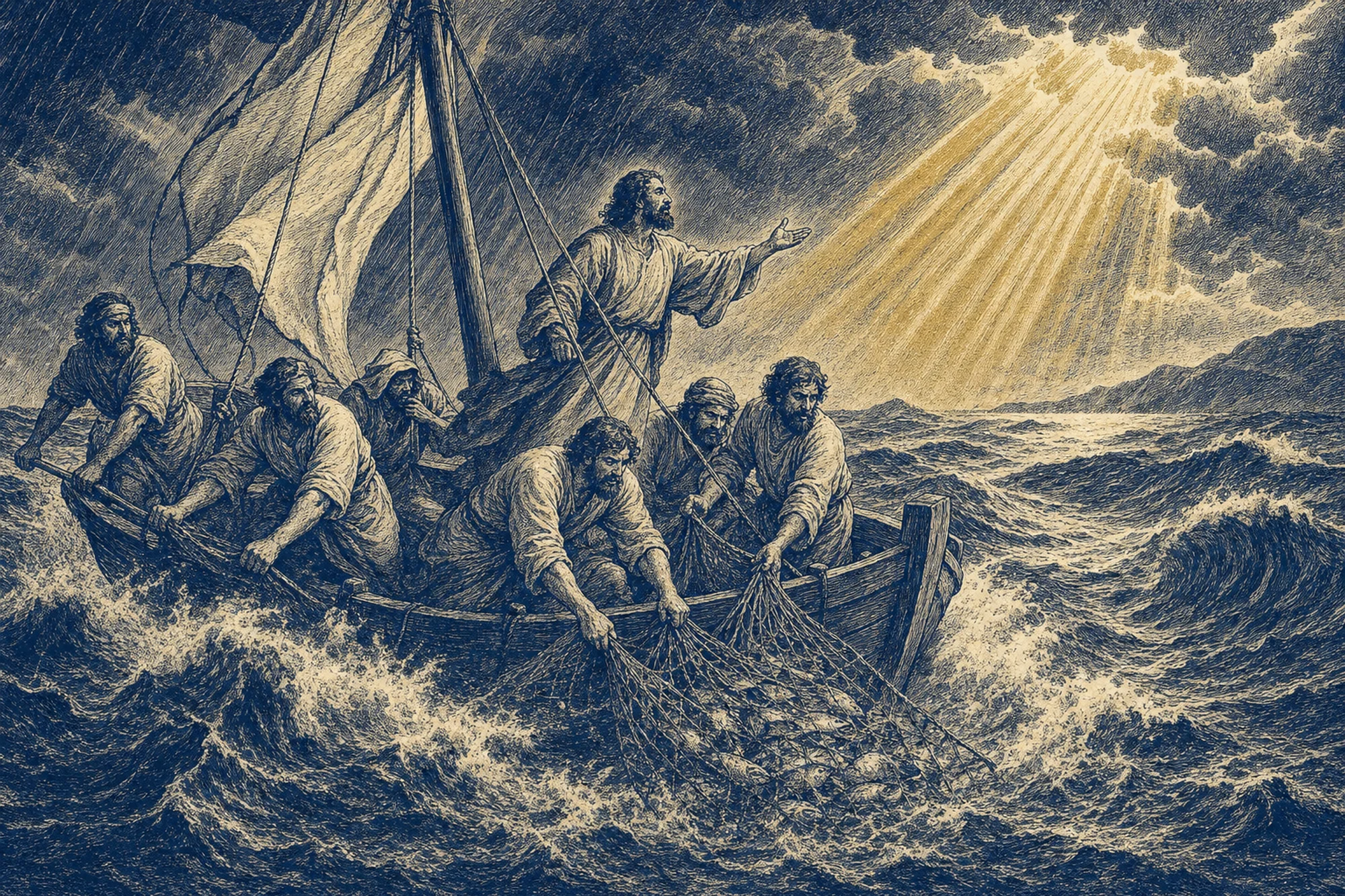 An engraved plate of Christ calming the storm from a fishing boat