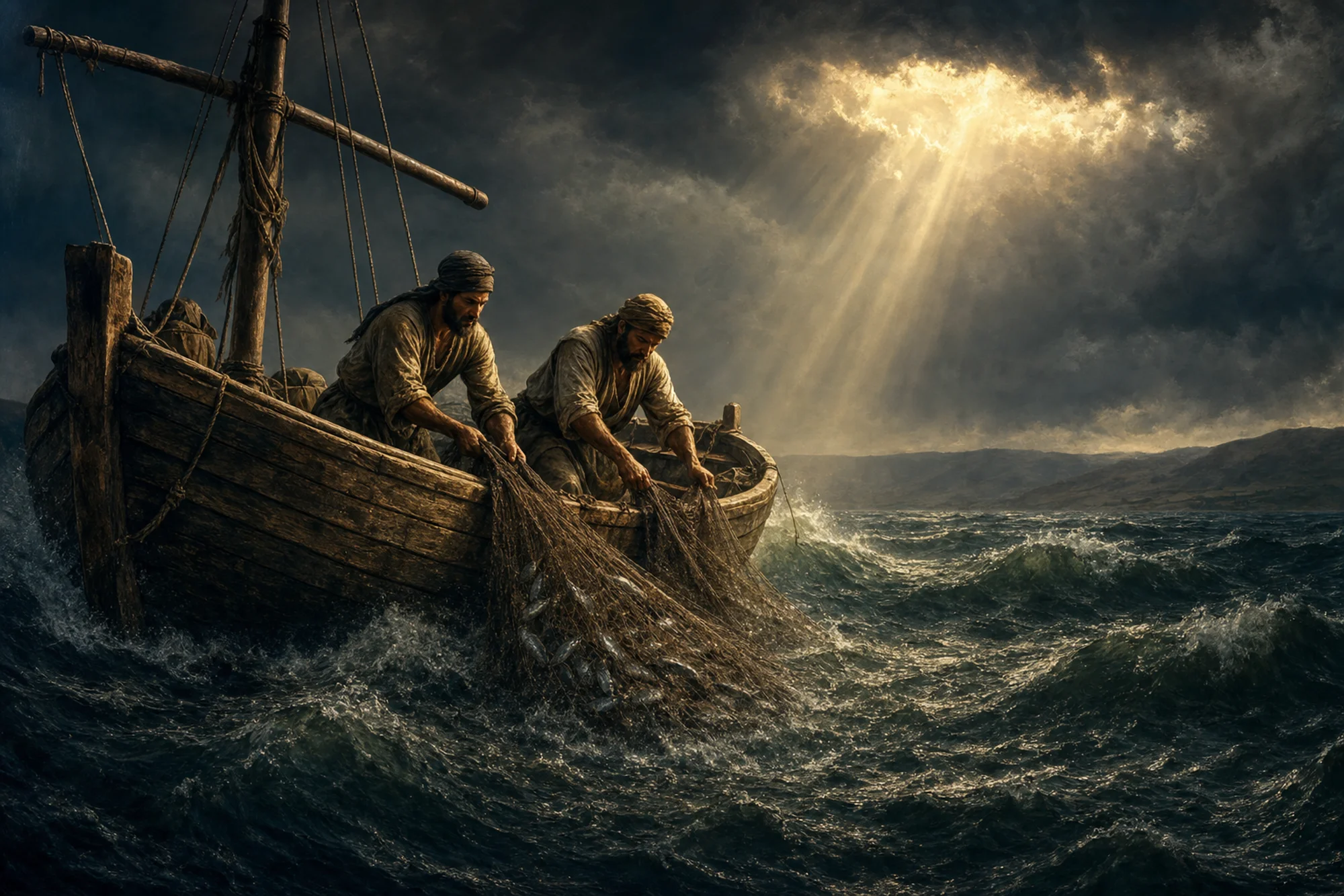 A first-century Galilean fishing boat riding storm swells beneath a shaft of golden light